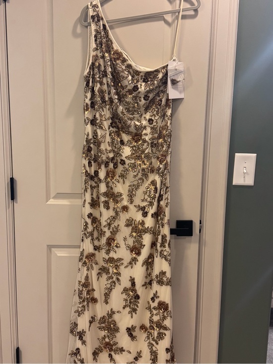 Mac Duggal Dresses & Skirts - Mac Duggal One-Shoulder Ivory Gown with Gold Floral Sequin Embroidery